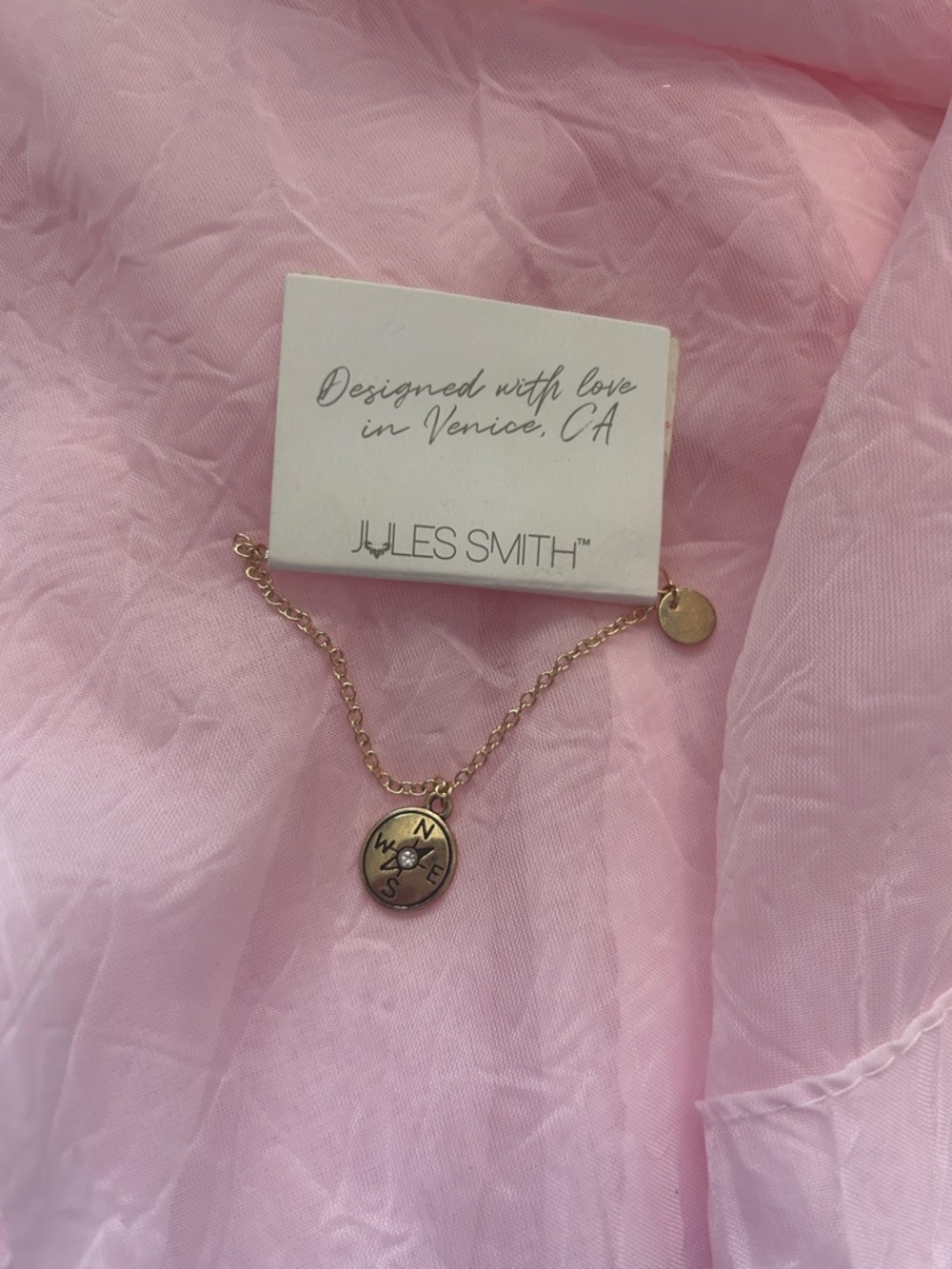 Jules Smith Gold Compass Pendant Necklace on Pink